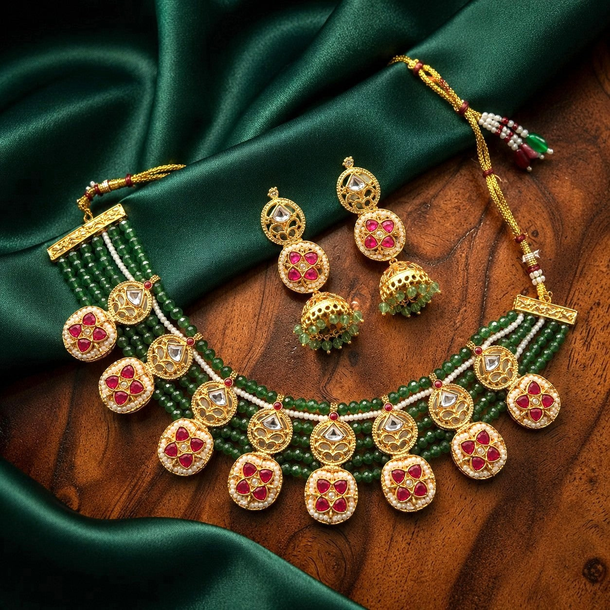 Royal Green Beaded Necklace & Jhumka Jewellery Set
