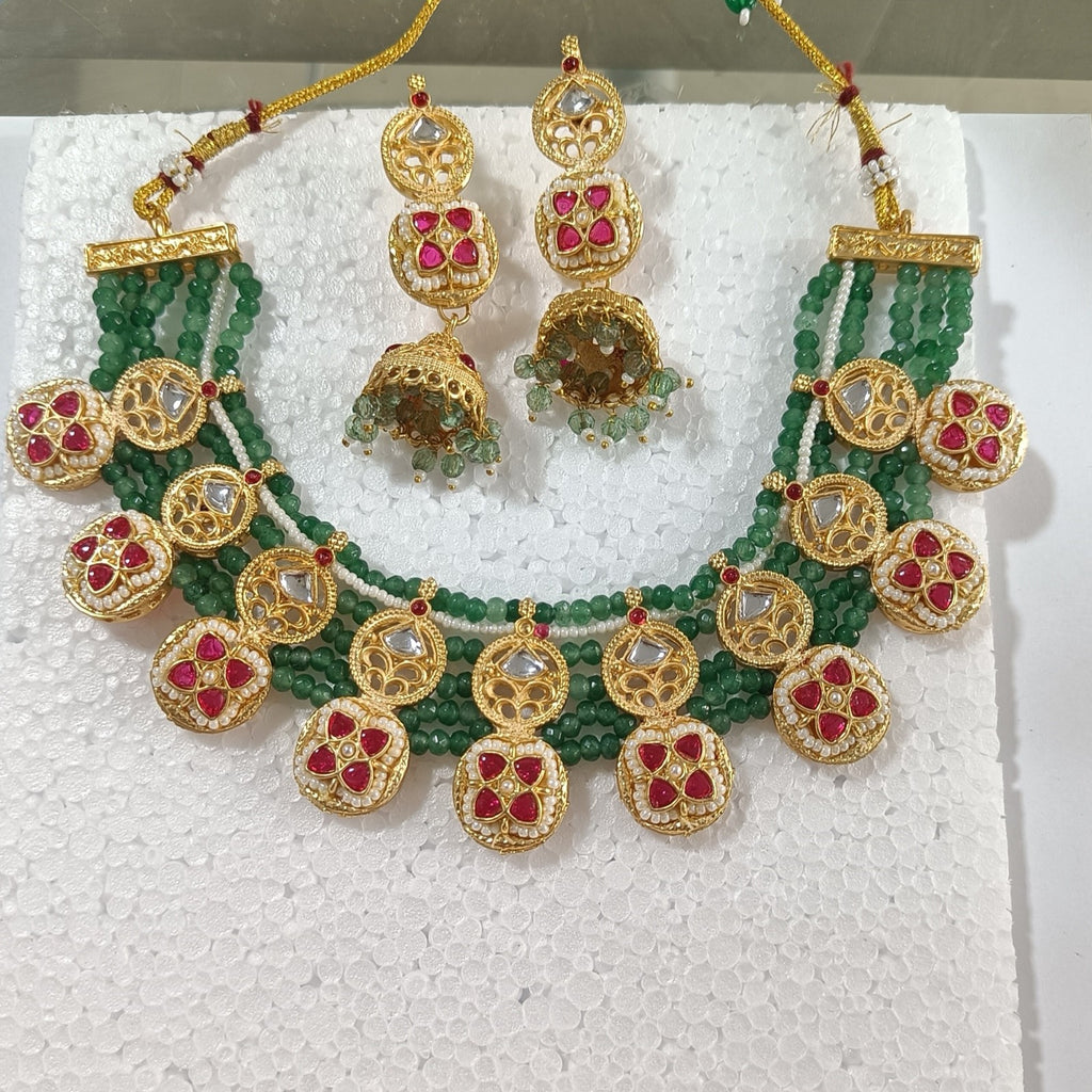 Royal Green Beaded Necklace & Jhumka Jewellery Set