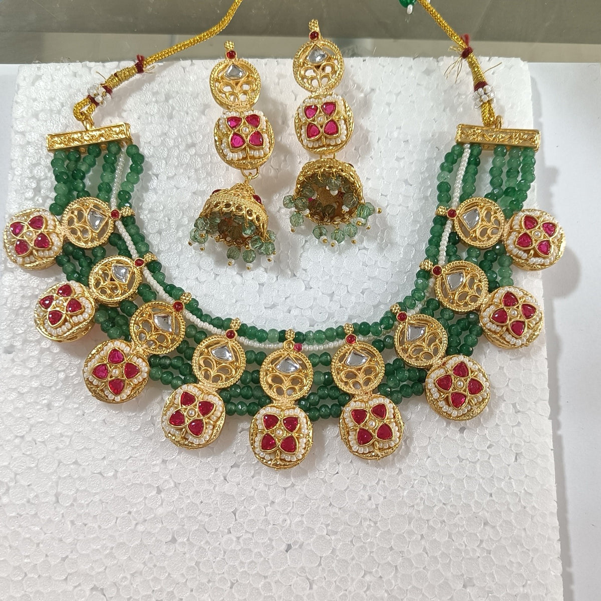 Royal Green Beaded Necklace & Jhumka Jewellery Set