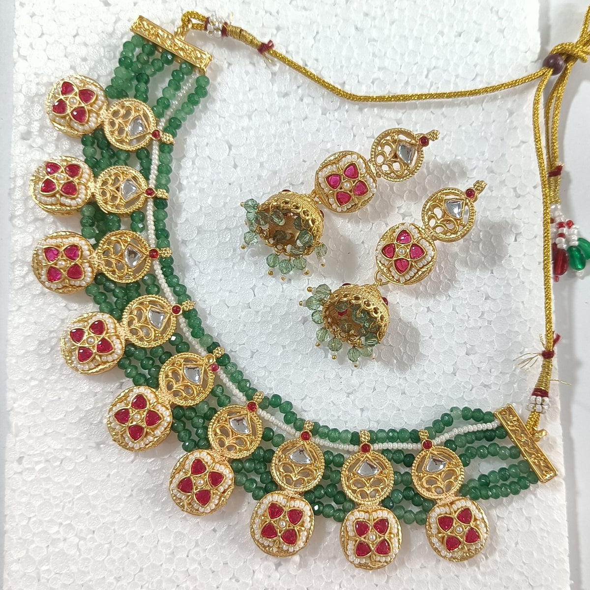 Royal Green Beaded Necklace & Jhumka Jewellery Set