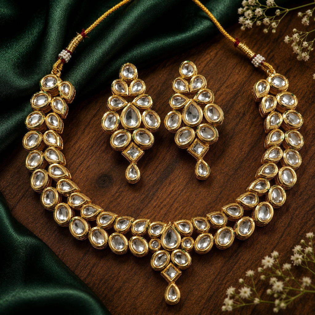 Elegant Gold-Tone Kundan Necklace & Earrings Set