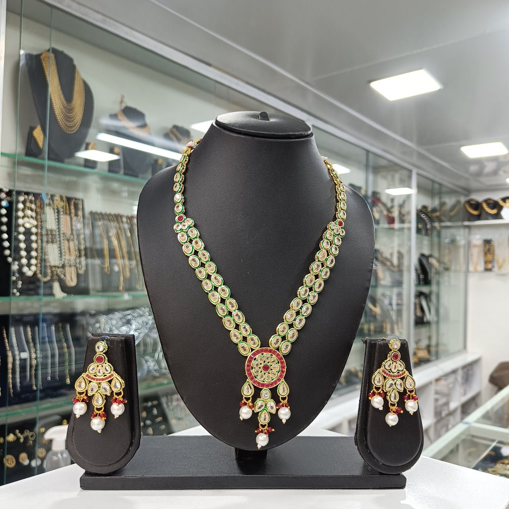 Elegant Green Kundan Necklace & Earrings Set