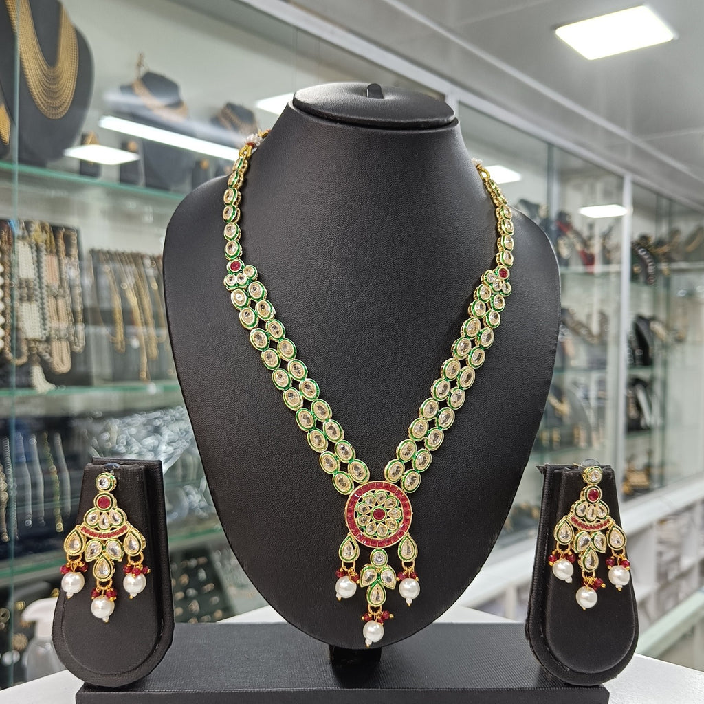 Elegant Green Kundan Necklace & Earrings Set