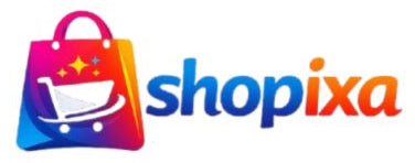 The Shopixa logo is displayed on a solid white background, featuring a colorful gradient shopping bag icon with a shopping cart inside and the brand name 'shopixa' written in a matching gradient font.